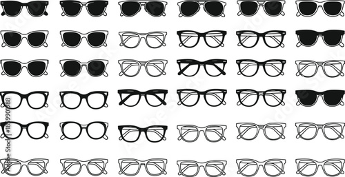 Collection of stylish eyeglasses and sunglasses silhouettes, modern eyewear frame icons set, fashion accessory illustration for design and digital projects branding