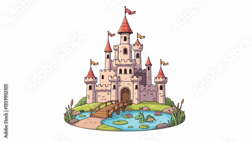 Illustration of a whimsical castle with red roofs and towers surrounded by a moat and lush greenery against a plain white background.