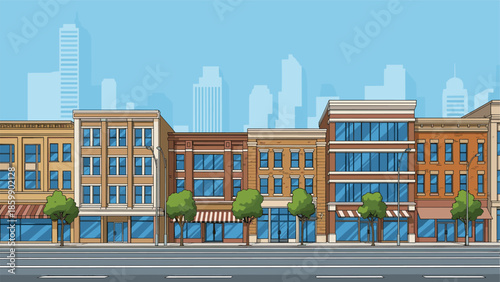 Colorful downtown city street illustration with commercial buildings, storefront shops, trees and road in modern urban architecture cityscape design scene