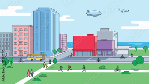 Colorful modern city illustration with park people walking cyclists bus tall buildings and seaside skyline showing active urban lifestyle community scene