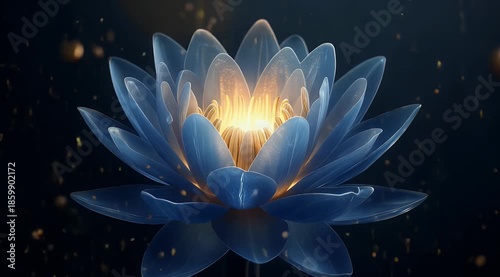 Glowing blue lotus flower against dark cosmic backdrop. Suitable for spa, wellness, meditation, or spiritualthemed designs.