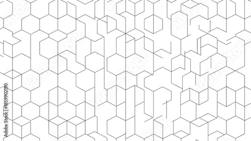 Abstract geometric hexagon line pattern background with modern connected shapes and minimal black outline design for creative graphic projects