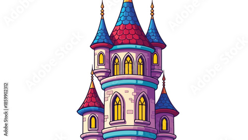 A colorful cartoon castle with purple walls, blue and red roofs, and yellow windows against a white background.