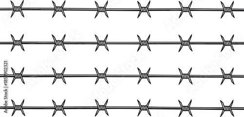 Black barbed wire horizontal rows seamless pattern background, sharp metal fence security barrier symbol, dangerous restriction concept design for graphic projects