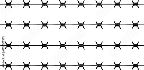 Black barbed wire seamless horizontal rows pattern background, sharp fence security barrier symbol, abstract dangerous restriction design for creative projects