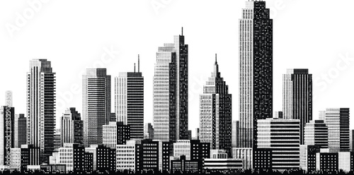 Detailed black halftone city skyline illustration with modern skyscrapers and urban buildings, high contrast dotted architecture cityscape vector background