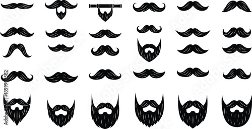 Collection of black mustache and beard silhouette icons, vintage facial hair set for barbershop design, grooming logo and decorations