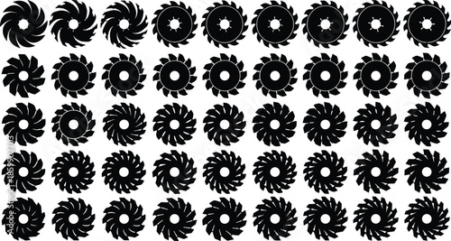 Large collection of circular saw blade silhouettes with rotating gear shapes arranged in grid on white background for industrial design use
