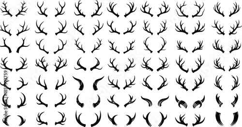 Large collection of deer antlers and animal horn silhouettes vector set, hunting decoration elements, wildlife trophy design icons