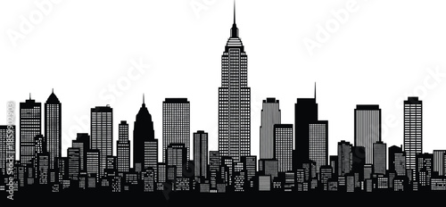 Modern city skyline silhouette illustration with high rise buildings and urban architecture, black cityscape vector design for background use purposes