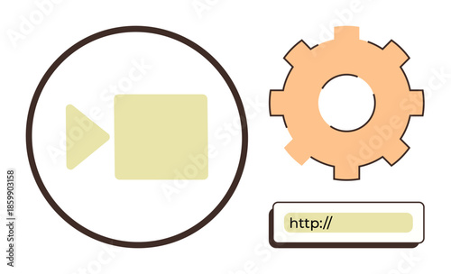 Video play icon, gear for settings, and a URL bar represent digital media, streaming, internet browsing, and technical optimization. Ideal for media, technology, UIUX innovation and tutorials