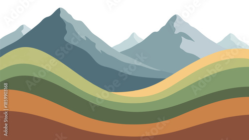 Illustration of layered mountains and hills in shades of brown, green, and gray against a white background.
