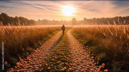 Person walks down path through golden field at sunset