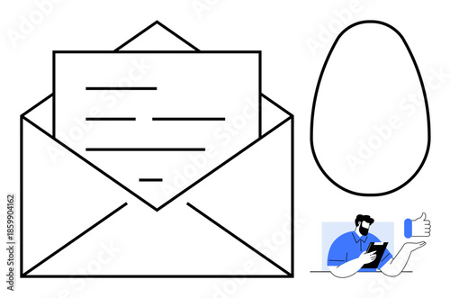 Communication, digital marketing, message sharing, user interaction, email services, correspondence. Open envelope with a letter, user holding a phone and an abstract profile symbol. Communication