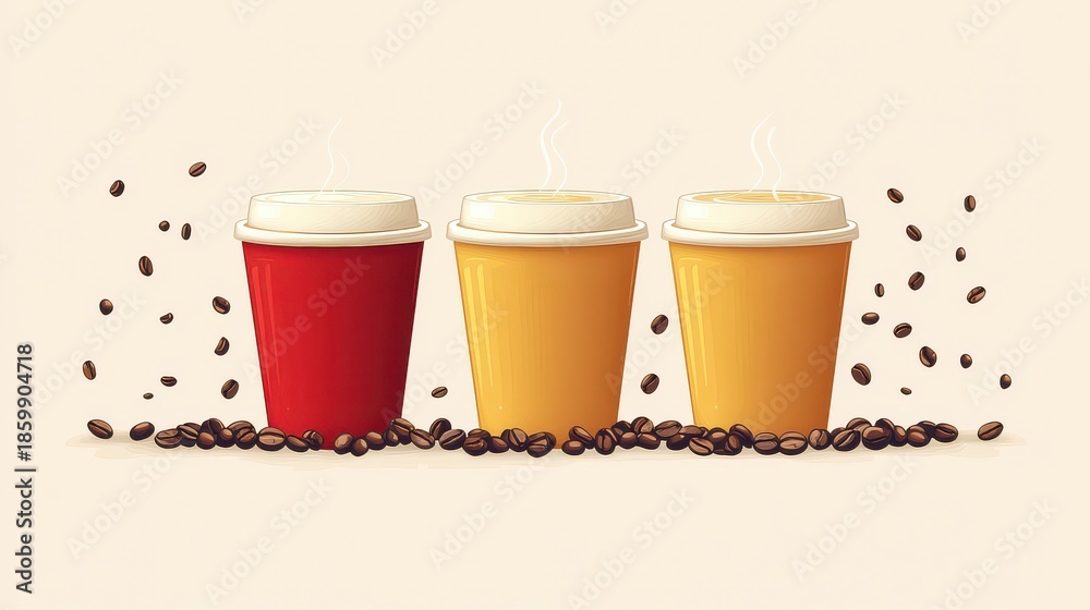 Obraz premium Three takeaway coffee cups with coffee beans.