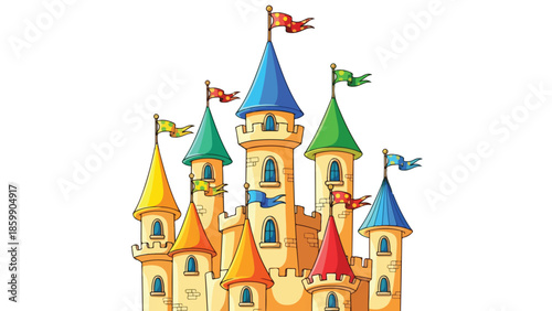 Colorful illustration of a fantasy castle with multiple towers and flags on a white background.