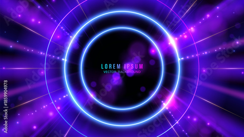 Abstract neon blue and purple circle background. Futuristic glowing rings with bokeh light effects and radial beams