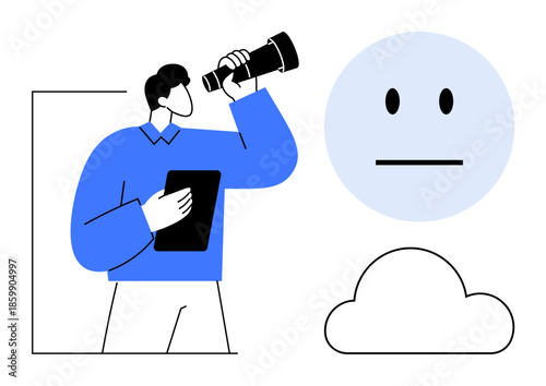Strategic decision-making, future planning, exploration, data analysis, curiosity, technology concept. Man with a telescope and tablet, observing a facial expression cloud. Strategic decision-making