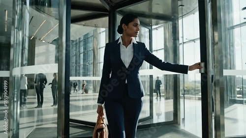 A confident and determined professional businesswoman in a stylish suit walks through a modern glass revolving door, entering a bright corporate office building lobby with a briefcase in hand, ready .