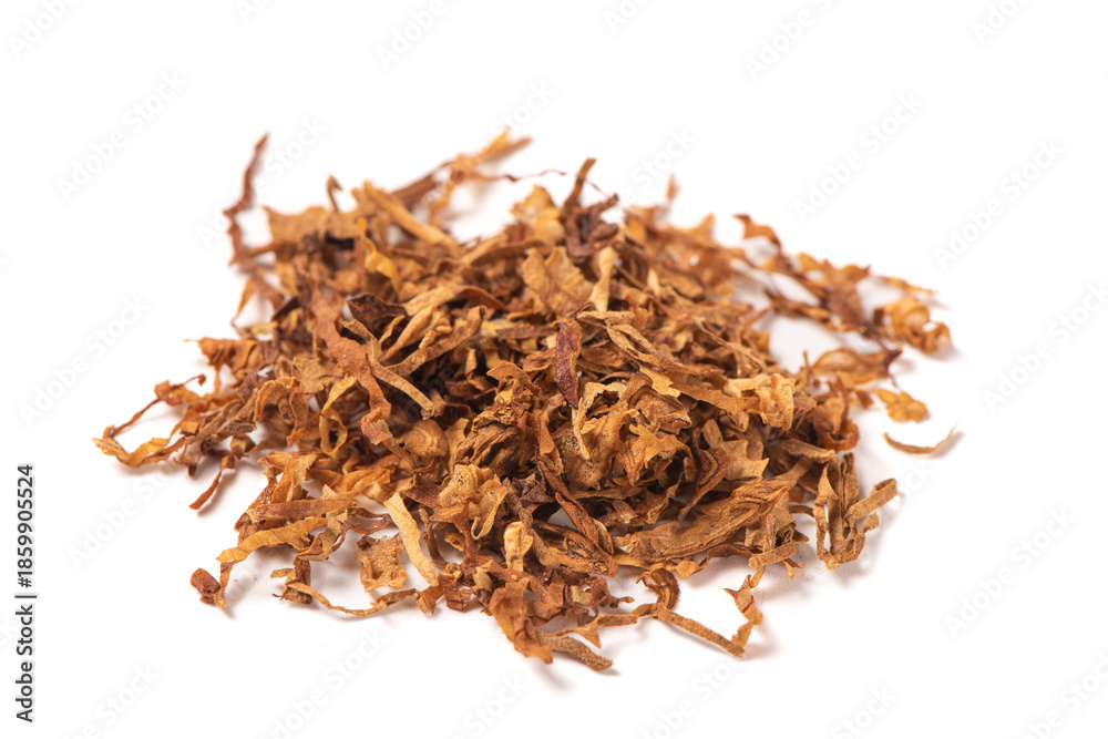 Fototapeta premium dried finely crushed tobacco leaves isolated on white background