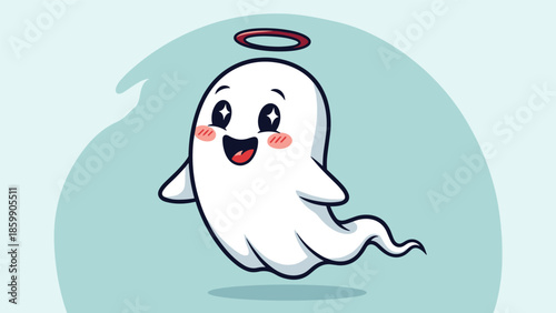 Cute Ghost with Halo Cartoon Character Illustration.