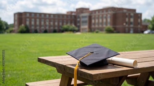 graduation cap and diploma in university
