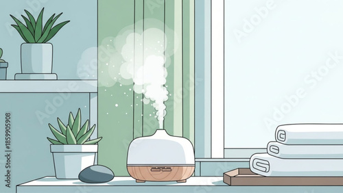 Essential oil diffuser on bathroom counter with towels and potted plants, serene ambiance, wellness
