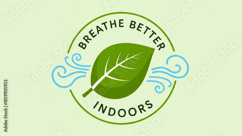 Green leaf logo with breathe better indoors text on light background, fresh air symbol