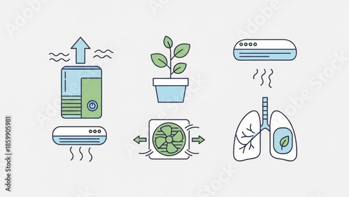 Air purification system with plants and healthy lungs illustration