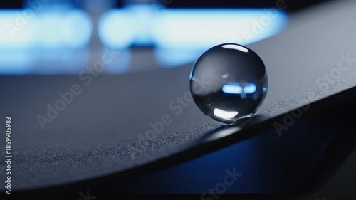 A pristine clear glass sphere begins its descent, gracefully rolling down a dark, subtly curved surface, reflecting ambient blue light in a dynamic and abstract motion study.