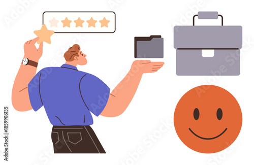 Person lifting a gold star to a rating scale. Nearby are a file folder, briefcase, and happy face. Ideal for feedback, evaluation, productivity, career success motivation teamwork. Minimal flat