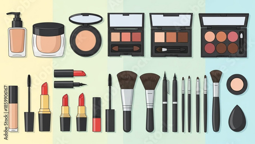 Assorted makeup products and cosmetics including lipstick, eyeshadow, foundation, and makeup brushes