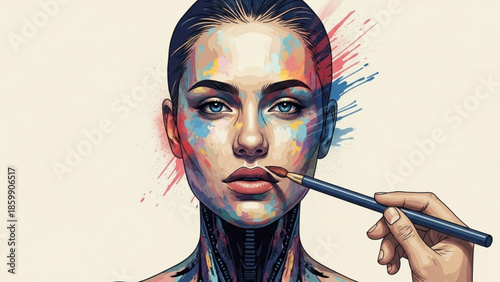 Woman receiving makeup application with colorful brush strokes on face, creative cosmetic artistry
