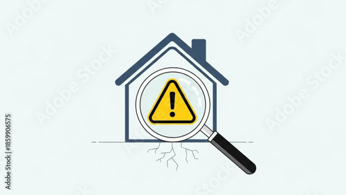 House inspection warning sign with magnifying glass, cracked foundation, home maintenance alert