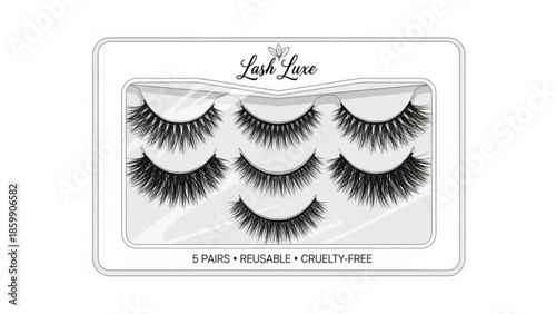 Pack of five pairs of false eyelashes in various styles for beauty and makeup applications