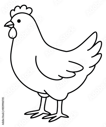 Simple hand drawn line art illustration of a chicken depicting standing for farm animal concepts