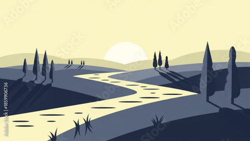 Serene landscape illustration with winding river and cypress trees at sunset