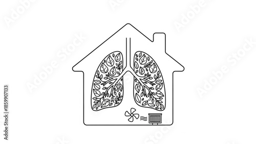 House with lungs and leaves inside, symbolizing clean air and healthy living concept