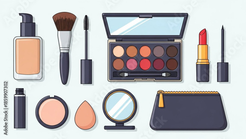 Assorted makeup products including foundation, eyeshadow palette, lipstick, and cosmetic bag arranged