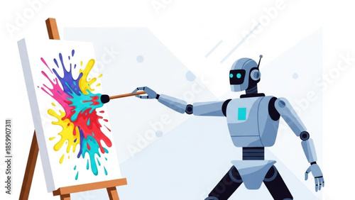 Robot painting colorful art on canvas with paintbrush, creative artistic illustration, robot artistry