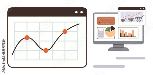 Graph with points, pie chart, bar chart, and shopping carts on computer screens. Ideal for e-commerce, marketing, analytics, business strategy technology reporting. Simple flat metaphor
