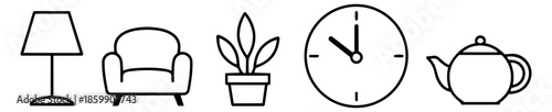 Minimalist line art interior elements set featuring a lamp, armchair, plant, clock, and teapot for home decoration