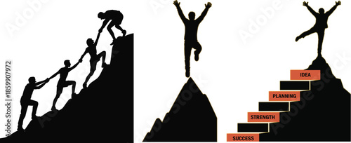 Business teamwork silhouette and individual success concept with mountain climbing people helping each other jumping for joy and steps