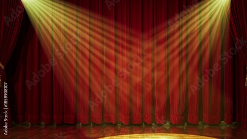 Theater stage with red curtains and dramatic spotlights

