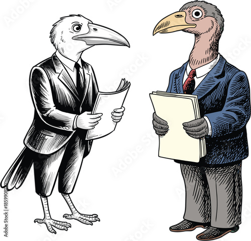 Vintage Engraving Style Illustration of Anthropomorphic Bird Businessmen in Suits Holding Paper Documents Isolated on White Background Vector