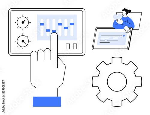 User control concept. User control by settings panel, touchscreen interaction, and gear icon. User control in tech, software, automation, UIUX, and digital systems