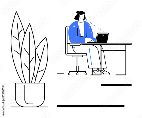 Workplace ergonomics. Office worker seated at desk using a laptop, focusing on posture and comfort. Workplace ergonomics improving productivity and well-being. For office setups, health
