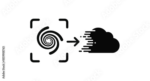 Abstract spiral graphic transforming into a fast moving cloud icon, symbolizing data transfer or digital transformation.