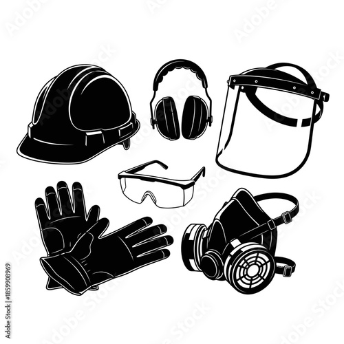 safety equipment set black white helmet gloves ear protection.