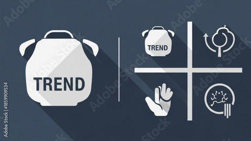 Trend concept with icons of clock, hand, and light bulb on dark background